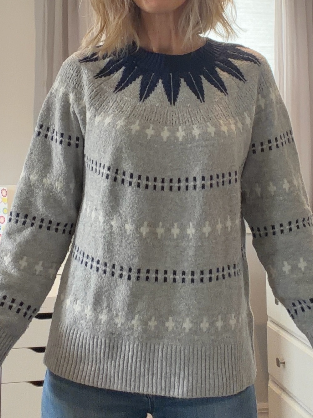 Banana Republic Grey and Navy Fair Isle Crewneck Sweater